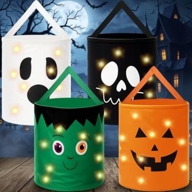 Imagem de SATINIOR 4 peças de sacos de truques iluminados para o Dia das Bruxas, balde de guloseimas de LED reutilizáveis, cestas de doces, sacola de tecido, sacolas de presente para festa de Halloween (abóbora