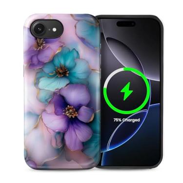 Imagem de Punmada Capa para iPhone 16e para MagSafe, capa rígida híbrida à prova de choque de silicone protetora de corpo inteiro fosca para iPhone 16e padrão de arte de flor roxa dourada