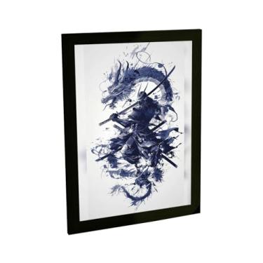 Imagem de Quadro Decorativo Samurai E Dragão Ilustração Tinta Azul Anime Decoração Poster Quarto Sala