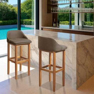 Imagem de Kit 2 Banqueta Realeza Encosto Estofado - Almofadada em Linho e Pés em Madeira Maciça