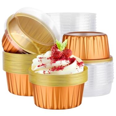 Imagem de EUSOAR Ramequins descartáveis, 25 peças de 142 g Creme Brulee Ramekin com tampas recipientes de sobremesa, copos de panificação, mini formas de cheesecake, forros de cupcake de pão, porção individual