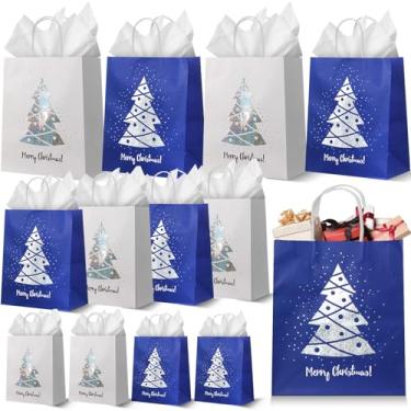 Imagem de Humyoun Pacote com 12 sacos de presente de Natal, tamanhos variados, com papel de seda, azul e branco, sacos de presente com árvore de Natal brilhante (4 pequenos, 16,5 cm, 4, médios, 24,4 cm, 4