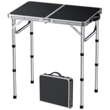 Imagem de FUNYKICH Mesa de acampamento dobrável pequena de 60 cm (C 58 cm x L 40 cm), mesa de piquenique portátil ajustável de 3 alturas, mesas leves de alumínio ao ar livre com alça de transporte para