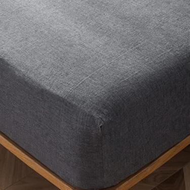 Imagem de MooMee Lençol de baixo com elástico 100% algodão lavado como linho texturizado respirável durável macio confortável bolso profundo cabe em colchões de até 43 cm (cinza escuro, casal)