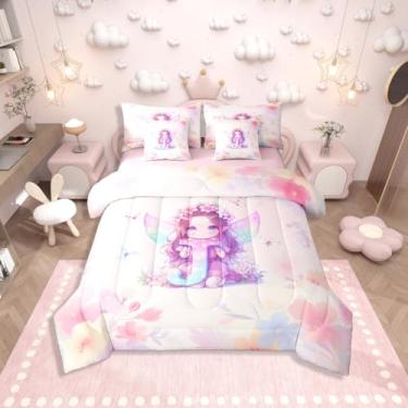 Imagem de Erosebridal Conjunto de cama de 7 peças com inicial J personalizado, cama de fada floral em uma bolsa, solteiro, rosa e princesa, para quarto de crianças, mulheres, meninas, conjunto de cama de