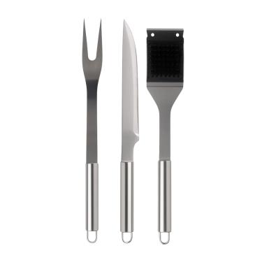 Imagem de Kit Churrasco Premium Completo em Inox 3 Peças Faca, Garfo e Limpador de Grelha Durável Resistente Moderno - Linha Cozinha Moderna&Elegante