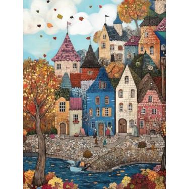 Imagem de VOAA Kit de pintura de diamante 5D, cena de outono de cidade de conto de fadas, bordado de strass de cristal de perfuração completa, conjunto de arte em tela de 30 x 40 cm 12 x 16 pol