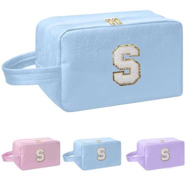 Imagem de I IHAYNER Bolsa de maquiagem inicial para mulheres, presentes de aniversário para meninas de 4, 5, 6, 7, 8, 9, 10, 11, 13, 14 anos, bolsa de cosméticos, bolsa de higiene pessoal, Azul, P