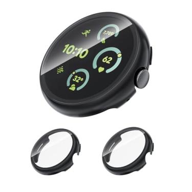Imagem de Pacote com 2 capas com vidro temperado para Google Pixel Watch 3 2 1 protetor de tela de 41 mm mulheres e homens, capa de proteção geral de policarbonato rígido resistente a arranhões para Google