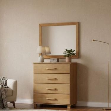 Imagem de Conjunto Cômoda 4 Gavetas + Moldura com Espelho 100% Madeira Maciça - Linha Ouro Finestra Móveis Freijó