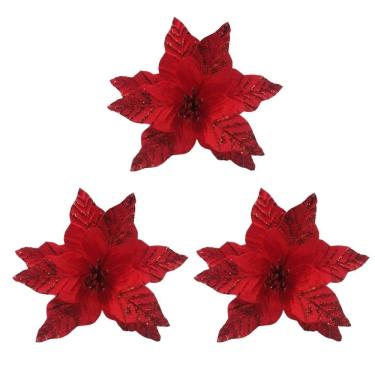 Imagem de Kit 3 Flores Bico de Papagaio Natal Pick Veludo Vermelho Borda Glitter Luxo 25cm