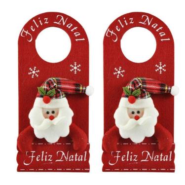 Imagem de Kit 2 Decora Maçaneta Feliz Natal Pelúcia Papai Noel Gorro Xadrez 30cm - Master Christmas