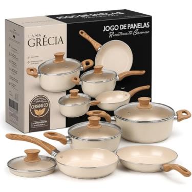 Imagem de Jogo de Panelas Cerâmicas Premium Bege e Madeira 4 Peças com Tampa de Vidro Base Antiaderente
