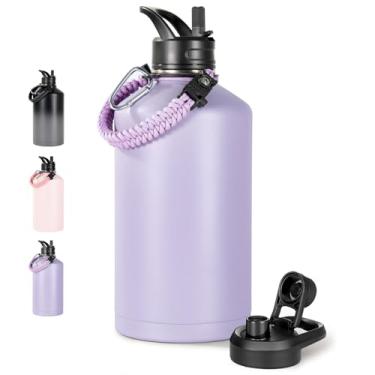 Imagem de Fijinhom Garrafa de água de galão com 2 tampas (canudo e bico), jarro de água de aço inoxidável 304 com alça e boca larga, jarro de parede dupla a vácuo de 1 galão para esportes, ao ar livre, roxo