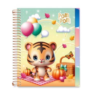 Imagem de Caderno Colegial Criativo Capa Cartão Cadersil - Estampa Pom Pom – 80 Folhas – Capa Dura com Hot Stamping Dourado – Divisórias Decoradas em Cartão Ideal para Organização e Anotações Criativas