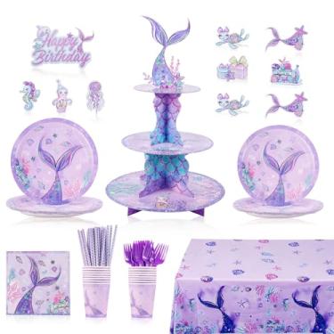 Imagem de 124 Pcs Mermaid Party Supplies – 3-Tier Cupcake Stand, 9" Plates, 7" Dessert Plates,Tablecloth, Napkins, Forks, Cupcake Toppers, Cups & Straws – Underwater Theme for Birthday, Wedding, Baby Shower