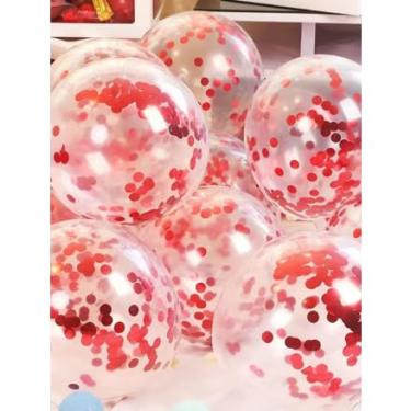 Imagem de Kit De 5 Ou De 10 Balão Cristal Transparente N9 Com Confete 10 mm Colorido, Festas e Decoração.(C/5 Vermelho)