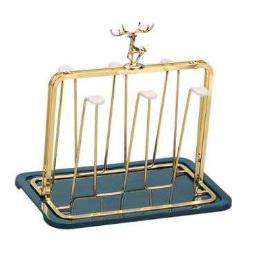 Imagem de Generic Suporte para copos e bandeja coletora com 6 ganchos, suporte compacto para copos e canecas, de metal para sala de estar jantar, Ouro Verde