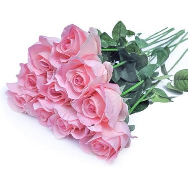 Imagem de SYFASHRAN Rosas artificiais de toque real de 66 cm - flores de seda falsas de haste longa com folhas para casamento, decoração de casa, centros de mesa, festa de escritório, aparência real (pacote com