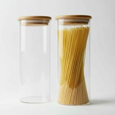 Imagem de Kit 2 Potes de Vidro Redondos 2L com Tampa de Bambu Herméticos e Vedaç
