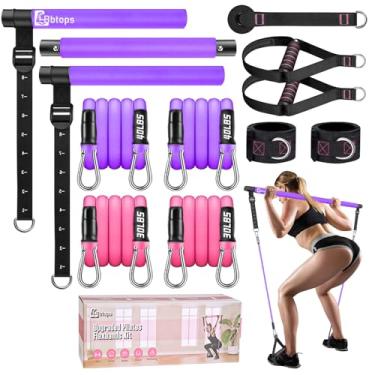 Imagem de Kit de barra de pilates com faixas de resistência (4 pulseiras), barra de pilates de 3 seções com faixas empilháveis, equipamento de treino para pernas, quadril, cintura e braço, kit de faixas