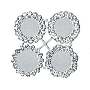 Imagem de O conjunto de 1 peça de cortes de metal prateado inclui 4 padrões diferentes, estênceis de corte de borda de flores de renda redonda para álbum de fotos, moldes decorativos de papel em relevo para