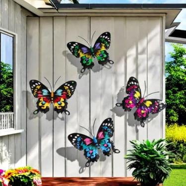 Imagem de 4 peças de decoração de parede com estampa plana de borboleta de ferro - 17,3 x 15 cm, adequada para casa interna e jardim ao ar livre, gramado, cerca, decoração de parede
