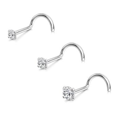 Imagem de Piercing de nariz hipoalergênico 20G, aço cirúrgico 316L, saca-rolhas retas em forma de L com zircônia cúbica de 1,5 a 3 mm para pele sensível, 1.5/2.0/3.0mm, Aço inoxidável, metal, Sem Pedra Preciosa