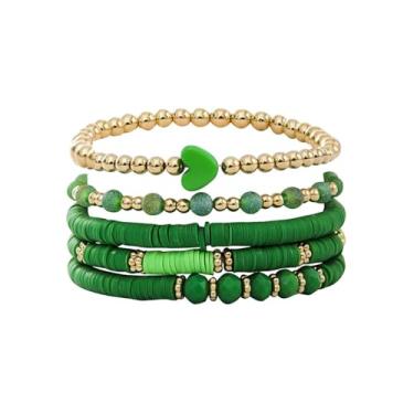 Imagem de Conjunto de pulseiras femininas com contas modernas empilháveis retrô boêmio coração elástico joias amizade, One Size, Acrílico, Sem Pedra Preciosa