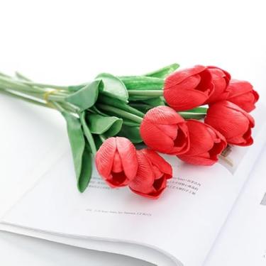 Imagem de Kit 10 Tulipas Artificiais de Látex PU – Buquê de Toque Real 34cm com 5 Flores por Haste para Decoração de Casamento, Casa e Eventos (Cores Diversas)(Vermelho (10 peças))