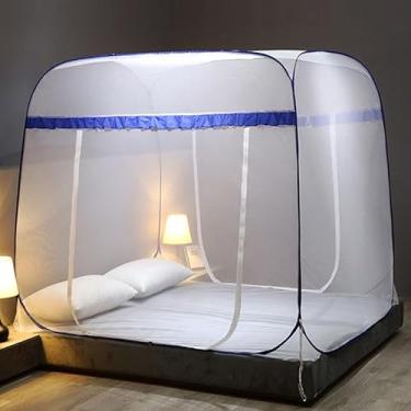 Imagem de Rede de Mosquiteiro Yurt Dupla para Cama – Proteção Anti-Mosquito, Sem Instalação, Fibra de Poliéster com Suporte de Aço Inoxidável(1.8米寬*2.0米長【全底防摔】,雙門【海霧藍條】方頂加大)