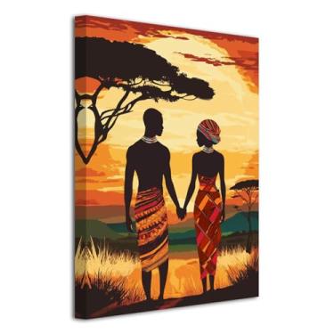 Imagem de LZIMU Quadro de casal negro arte de parede afro-americana pintura em tela homem e mulher Afro impressões tribais africanas arte amor preto para decoração de quarto emoldurado (18C x 12W)