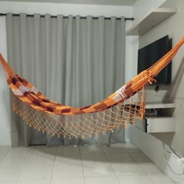 Imagem de Rede de Descanso Casal Pernambucana Artesanal 100% Algodão Reforçada com Renda em Macramê – Rede de Dormir Confortável para Varanda e Jardim(XADREZ LARANJA COM BORDO)