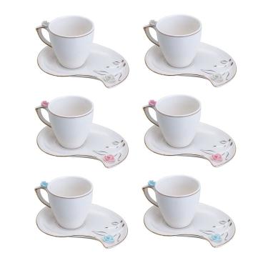 Imagem de Cj 6 Xícaras P/Café C/Pires Curvado de Porcelana Flower Design Plate Colorido 90ml Wolff