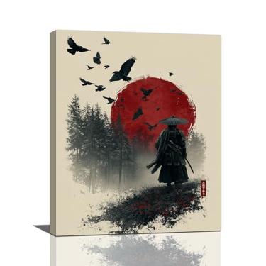Imagem de Arte de parede Samurai Bushido Japonês Moderna Decoração de Parede Guerreiro Japonês Tela Oriental Asiática Retrô Sol Vermelho Pintura Impressão Arte Decorações Emolduradas Presentes para Quarto de