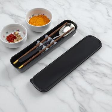 Imagem de Generic 1 conjunto de talheres pode ser lavado na lava-louças, colher preta/prata, pauzinhos com ponta dourada, conjunto de 2 peças com caixa de madeira de aço inoxidável, PP, dourado, prateado, preto
