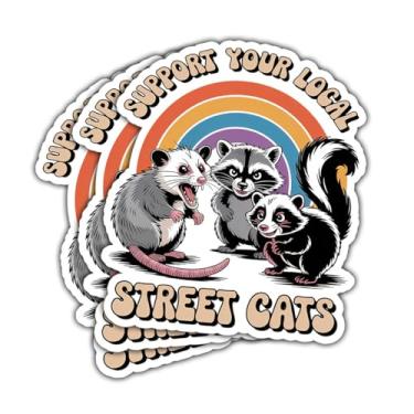Imagem de 3 adesivos Street Cats, pacote de decalque de animal engraçado, suporte seus gatos locais, guaxinim, gambá, adesivo de vinil impermeável para laptop, carro, garrafa de água, presentes para amantes de