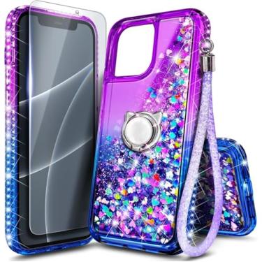 Imagem de Capa NGB projetada para iPhone 16, roxa/azul | Capa fofa com glitter líquido brilhante para mulheres, meninas e crianças | com protetor de tela de vidro temperado, suporte de anel e alça de pulso