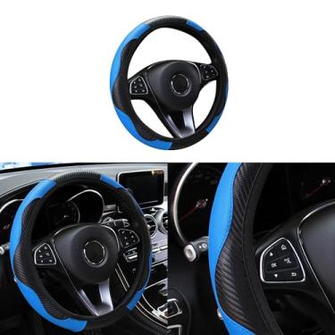 Imagem de Couslcd Capa de volante de carro, protetor de volante elástico de couro sintético de microfibra de fibra de carbono de 38 cm para homens e mulheres, antiderrapante respirável para a maioria dos carros