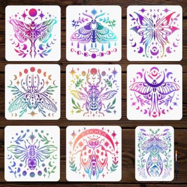 Imagem de MAYJOYDIY 9 peças de estêncis de fases de insetos e lua, besouro, reutilizável para pintura, modelo de desenho de 29 x 29 cm com pincel de pintura para móveis de parede, papel e scrapbook