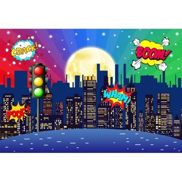 Imagem de Pano de fundo de super-herói de 2,1 x 1,5 m com desenho animado de edifícios do horizonte da cidade moderna para fotografia, crianças, feliz aniversário, decoração de festa de estúdio fotográfico