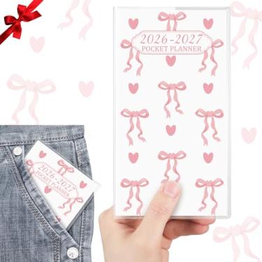 Imagem de ReliThick Calendário de bolso 2026-2027 para bolsa, agenda mensal pequena para mulheres, laço rosa, prático, agenda semanal, diário, Natal, Ano Novo, presente para irmãs amigas e mulheres