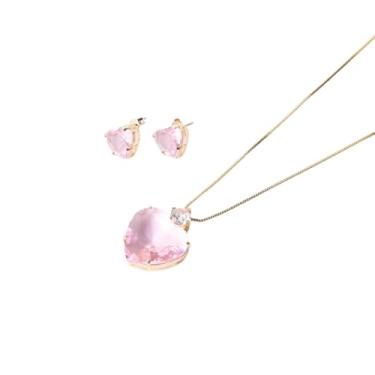 Imagem de Conjunto Semijoia Folheada a Ouro 18k Brinco Corrente Pingente Coração Pedra Grande Zircônia Cristal (Turmalina)