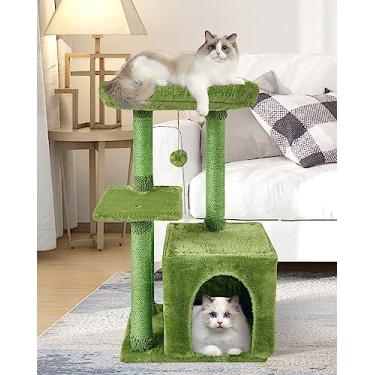 Imagem de FISH&NAP US11L Torre de gatinho de gato fofo para gatos em condomínio interno com plataforma de salto e centro de atividades de móveis para gatos, casa de brincar, verde