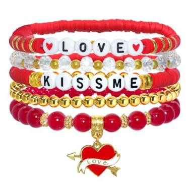 Imagem de mintolex Presente de dia dos namorados para ela vermelho rosa amor coração heishi letra frisada conjunto de pulseiras para amigas, namorada, esposa, irmã, galentinas, mulheres, 6.7, Sem Pedra Preciosa