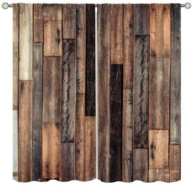 Imagem de wlsgdsg Cortinas de porta de celeiro retrô country fazenda marrom emenda prancha de madeira para janela tratamentos varão bolso cortinas para cozinha sala de estar quarto 106 x 111 cm (sem apagão)