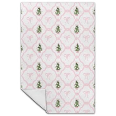 Imagem de Exqcom Toalhas de cozinha de Natal rosa Coquette, toalhas de chá de prato de Natal com fita rosa para decoração de cozinha, toalha de mão decorativa de árvore de Natal chinoiserie elegante, decoração
