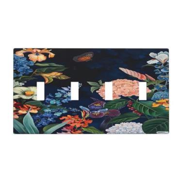 Imagem de Nadoabtm Placa de cobertura para interruptor de luz, borboleta floral vibrante, fundo escuro, 4 gangues quadriciclos, interruptores decorativos, capa de tomada elétrica, placa de parede para decoração