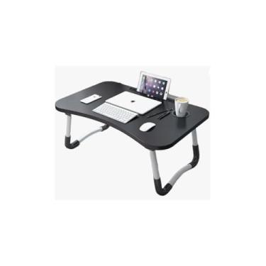 Imagem de Mesa Notebook Multiuso, Madeira com Pés em Metal, Preta e Branca, 60x40x28cm, para Trabalho, Estudo e Lazer