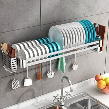 Imagem de Escorredor de pratos de aço inoxidável, suporte de utensílios, escorredor de pratos de parede, rack de armazenamento de cozinha, com suporte de talheres, Cutti, prata 84 x 30 cm (prata 84 x 30 cm)